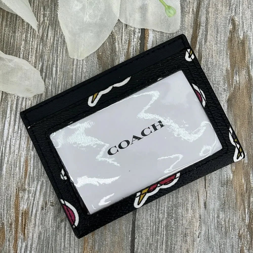 Coach Slim Id Card Case With Heart Bolt Print Wallet Bag Purse